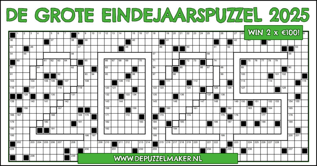 Grote Eindejaarspuzzel 2025 is een kruiswoordpuzzel vol nieuws uit het afgelopen jaar waarmee je twee keer honderd euro kunt winnen voor jezelf en voor een goed doel.